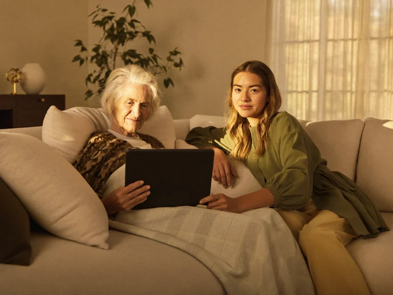 Illustrazione: una signora e un'aiutante sul divano guardano insieme un tablet, sorridendo.