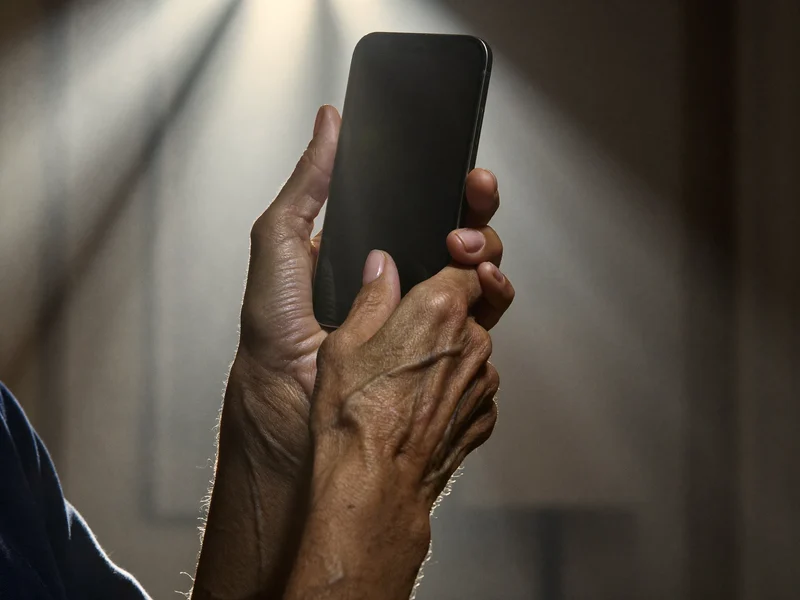 Illustrazione: mani anziane reggono uno smartphone mentre una mano più giovane indica con gentilezza.